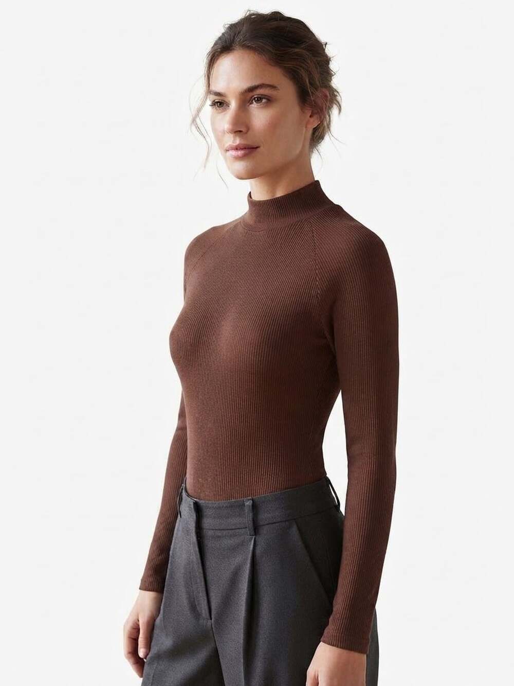 Halara Brown Ribbed Mock Neck Long Sleeve Bodysuit Size S